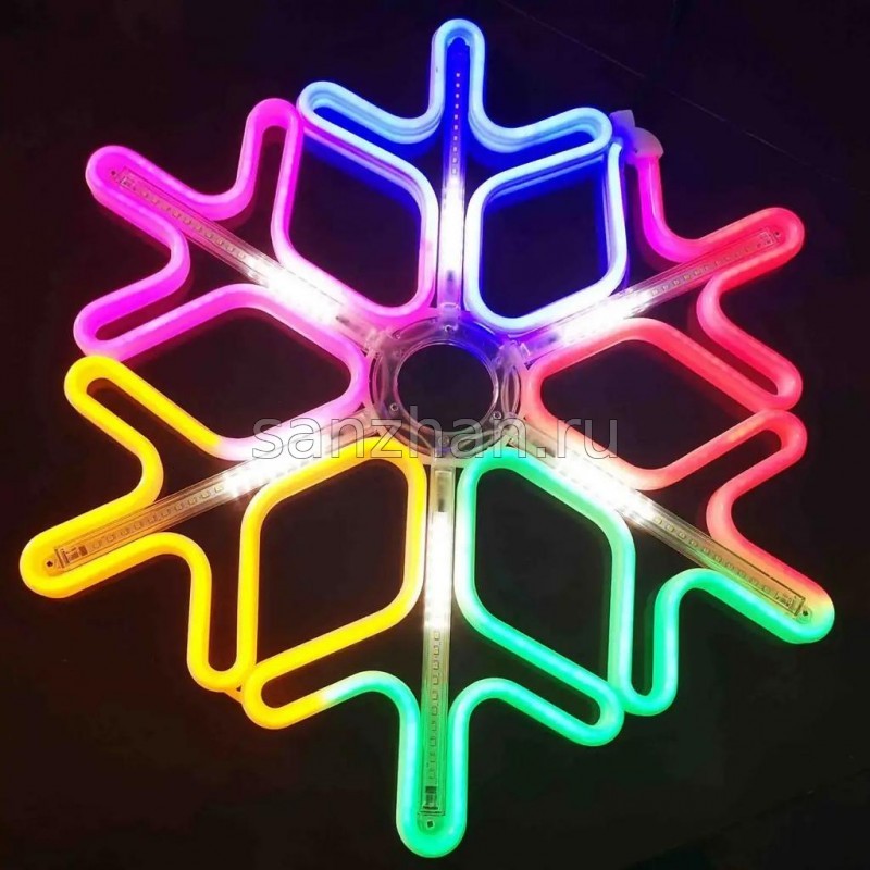 Новогодняя световая фигура уличная - Снежинка  (НЕОН многоцветная + белые светодиодные лучи)  60 см