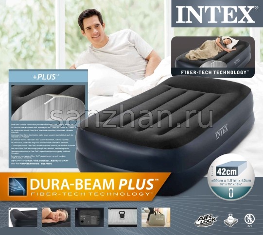 Надувная кровать Pillow Rest Raised Bed 99х191х42см Intex 64122 со встроенным насосом