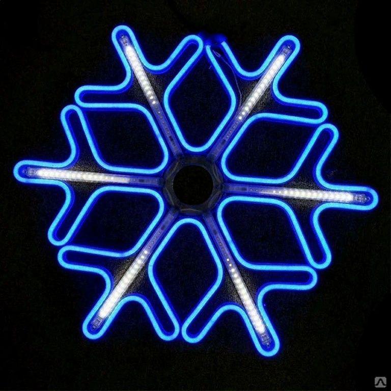 Новогодняя световая фигура уличная - Снежинка  (НЕОН синий + белые светодиодные лучи)  60 см