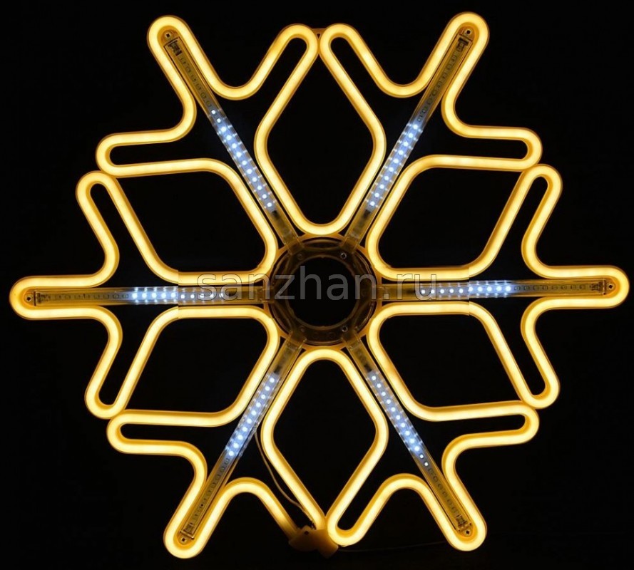 Новогодняя световая фигура уличная - Снежинка  (НЕОН теплый белый + белые светодиодные лучи)  60 см