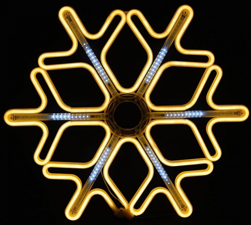 Новогодняя световая фигура уличная - Снежинка  (НЕОН теплый белый + белые светодиодные лучи)  60 см