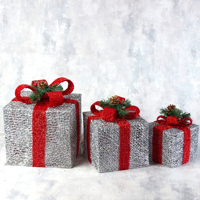 Набор из 3-х изделий декоративных "Подарок" с подсветкой Серебристые 25 см
