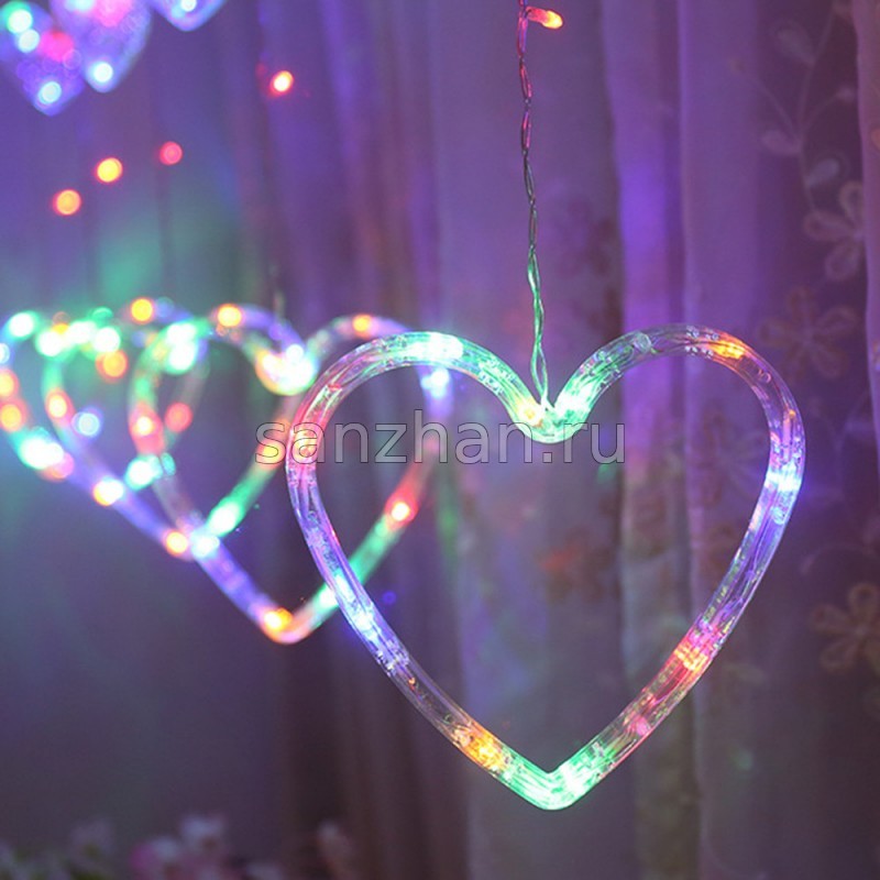 Новогодняя гирлянда штора Сердца 12 шт Разноцветные