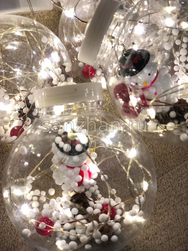 Новогодняя гирлянда штора шарики с игрушкой "Снеговик" внутри 10 шт