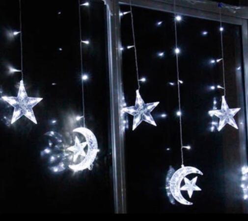 Новогодняя гирлянда штора Звезды и Месяц 12 шт Холодные белые