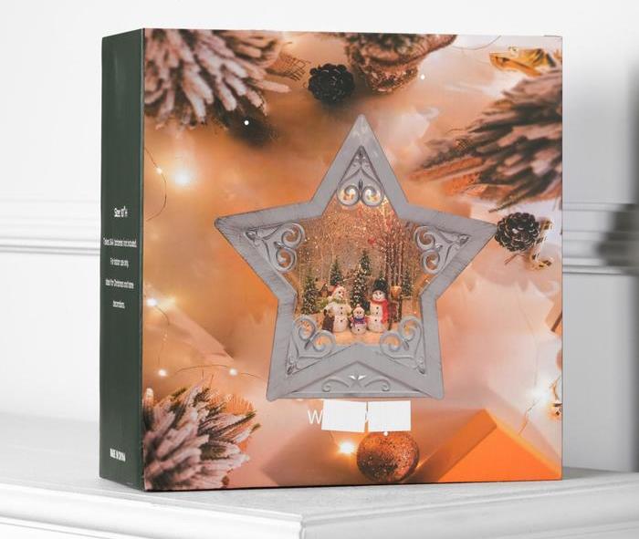 Новогодний светильник Звезда «Снеговики у ёлки» с эффектом снегопада 26 см