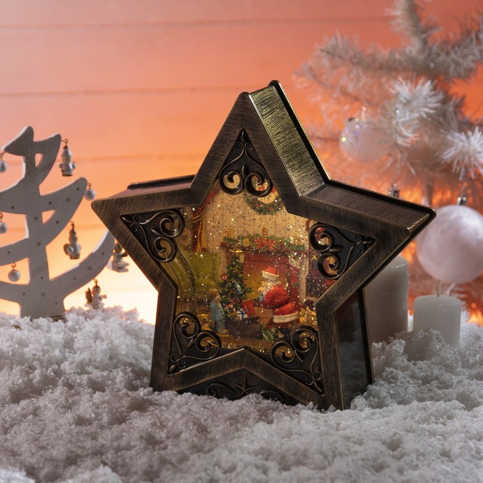 Новогодний светильник Звезда «Дед Мороз с подарками» с эффектом снегопада 26 см