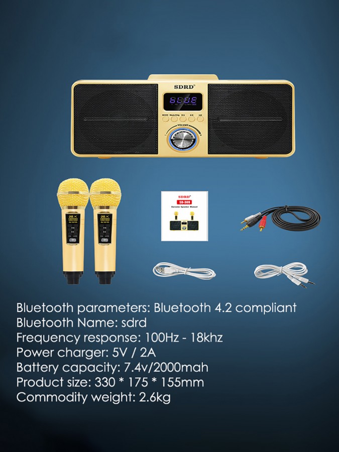 SDRD SD-309 bluetooth колонка-караоке с двумя беспроводными микрофонами, USB, AUX, онлайн караоке, мощность 30 Вт (черная)