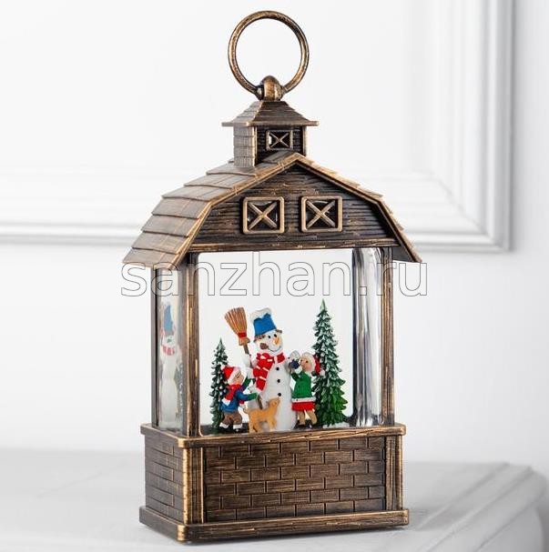Новогодний светильник с блестками и музыкой "Снеговик и дети" 24х14 см