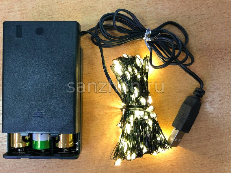 Гирлянда нить "Роса" 20 метров на зеленой проволоке светодиодная от USB или от 3*AA  200 Led ламп (теплый белый)