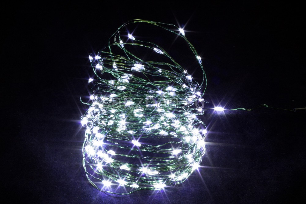 Гирлянда нить "Роса" 30 м 300 LED от сети 220V на зеленой проволоке
