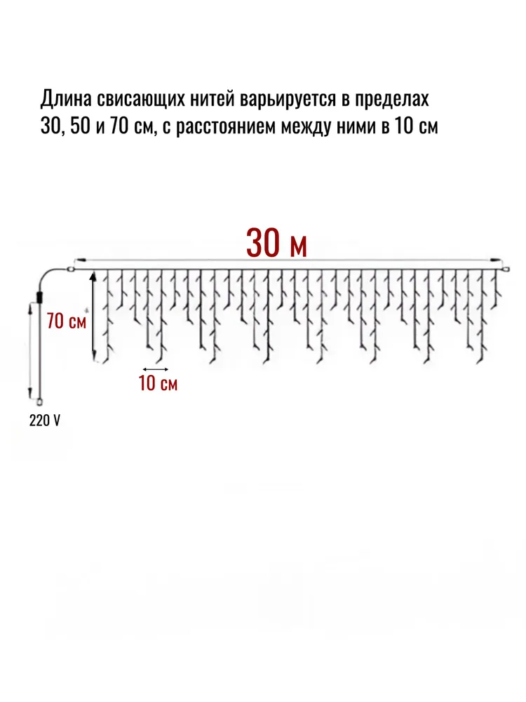 Гирлянда Бахрома уличная 30 метров IP65, 1200 LED статичная (Белый теплый) белый провод