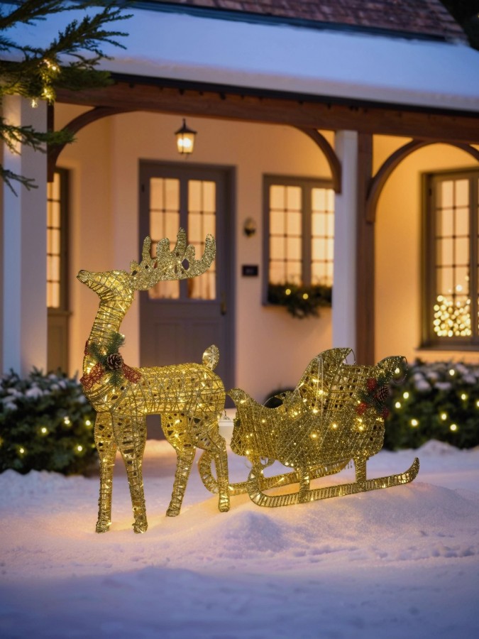 Олень с санями новогодний светящийся 120 см золотой