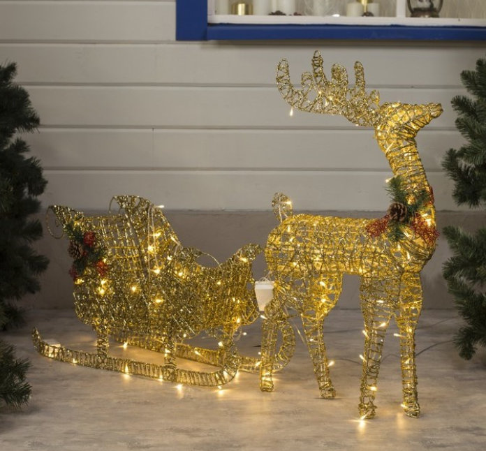 Олень с санями новогодний светящийся 120 см золотой 2 шт