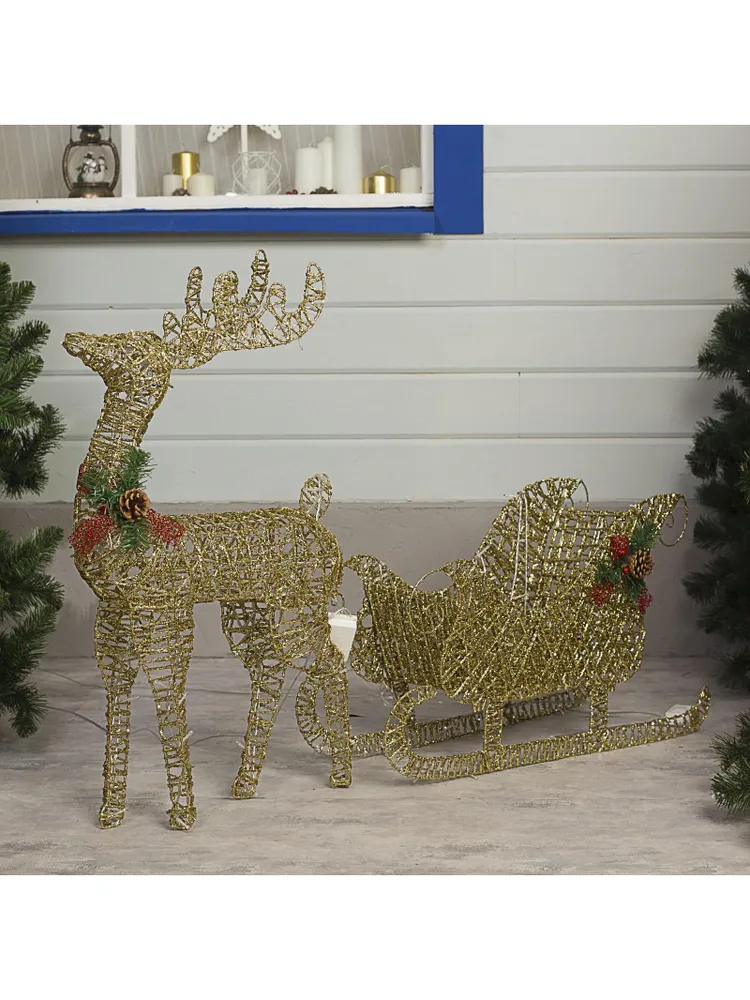 Олень с санями новогодний светящийся 120 см золотой 2 шт