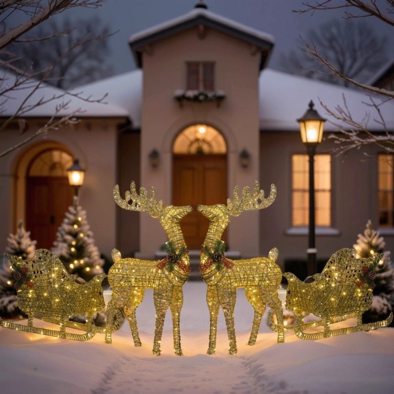 Олень с санями новогодний светящийся 120 см золотой 2 шт